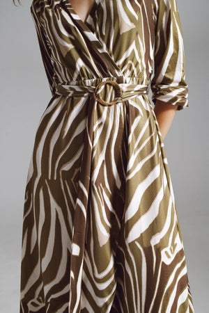 Q2 Women's Dress Midi Belted Wrap Dress In Olive Green And Cream Zebra Print