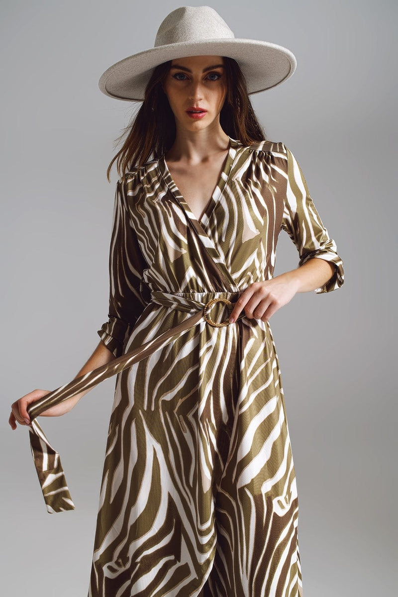 Q2 Women's Dress Midi Belted Wrap Dress In Olive Green And Cream Zebra Print