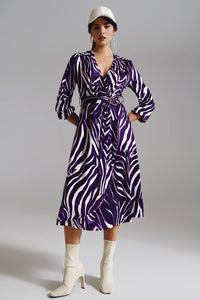 Q2 Women's Dress Midi Belted Wrap Dress In Purple And Cream Zebra Print