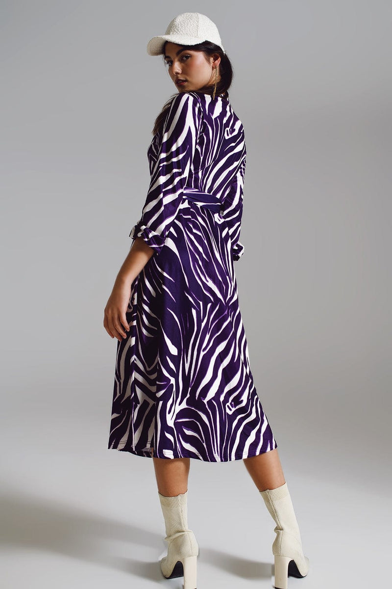 Q2 Women's Dress Midi Belted Wrap Dress In Purple And Cream Zebra Print