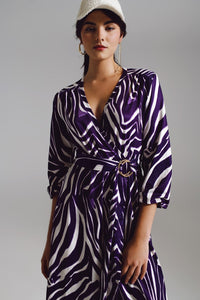 Q2 Women's Dress Midi Belted Wrap Dress In Purple And Cream Zebra Print