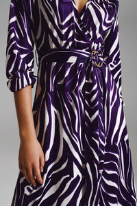 Q2 Women's Dress Midi Belted Wrap Dress In Purple And Cream Zebra Print