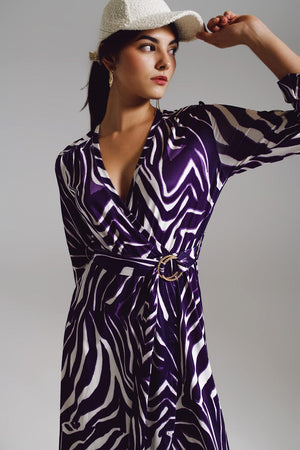 Q2 Women's Dress Midi Belted Wrap Dress In Purple And Cream Zebra Print