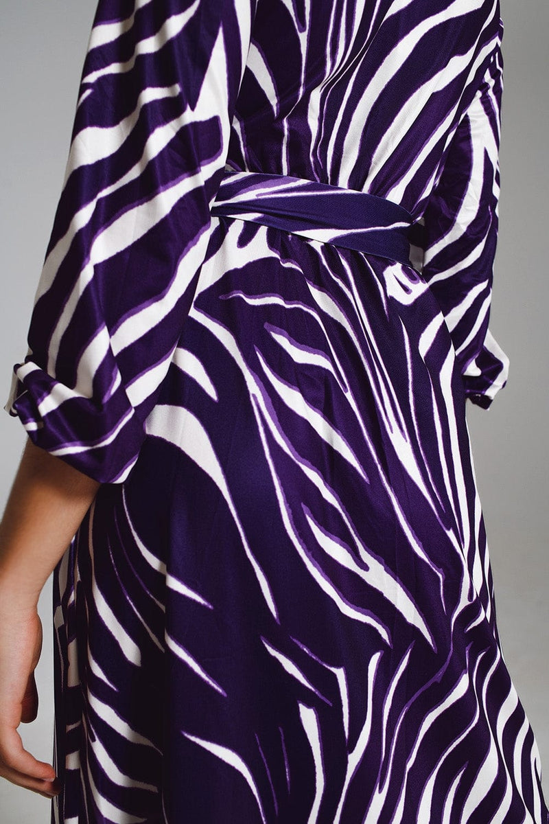 Q2 Women's Dress Midi Belted Wrap Dress In Purple And Cream Zebra Print