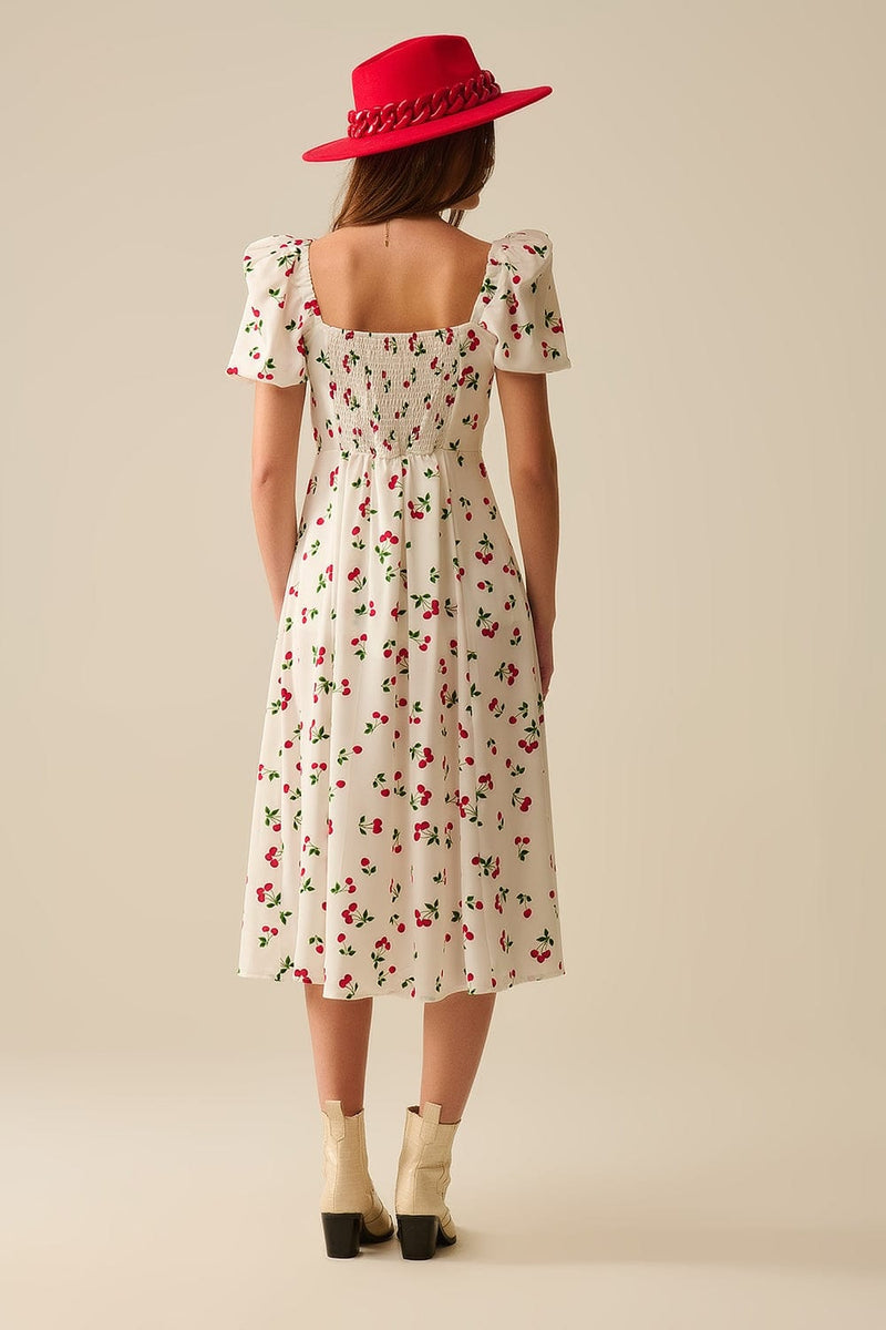 Q2 Women's Dress Midi Cherry Print Dress With Puff Sleeves