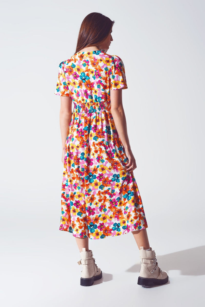 Q2 Women's Dress Midi Cinched In Wist Dress In Multicolot Floral Print