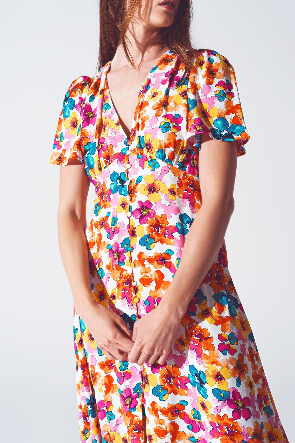 Q2 Women's Dress Midi Cinched In Wist Dress In Multicolot Floral Print