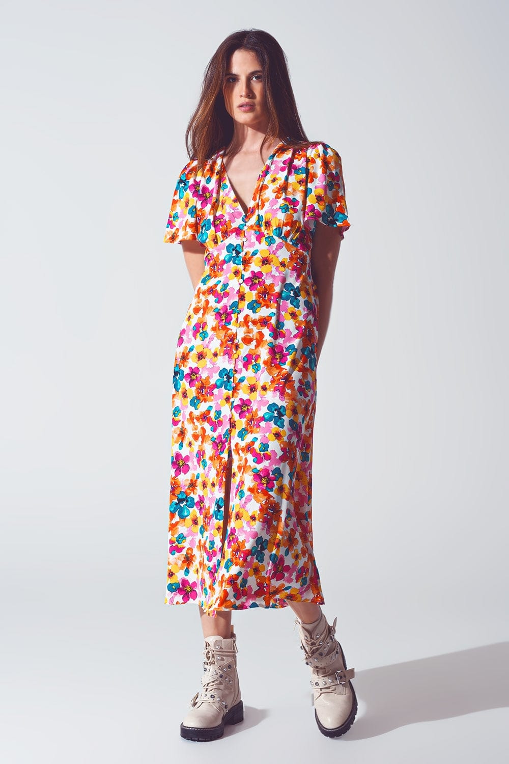 Q2 Women's Dress Midi Cinched In Wist Dress In Multicolot Floral Print
