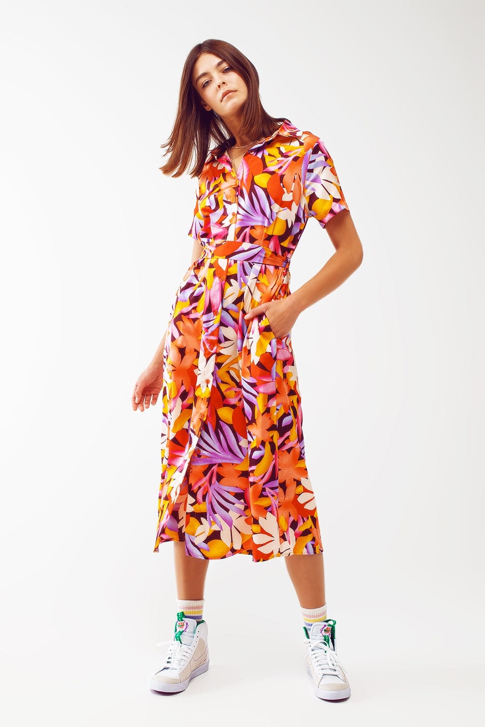 Q2 Women's Dress Midi Floral Print Dress in Multicolour