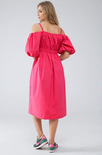 Q2 Women's Dress Midi Fuchsia Dress With Short Sleeves And Straps