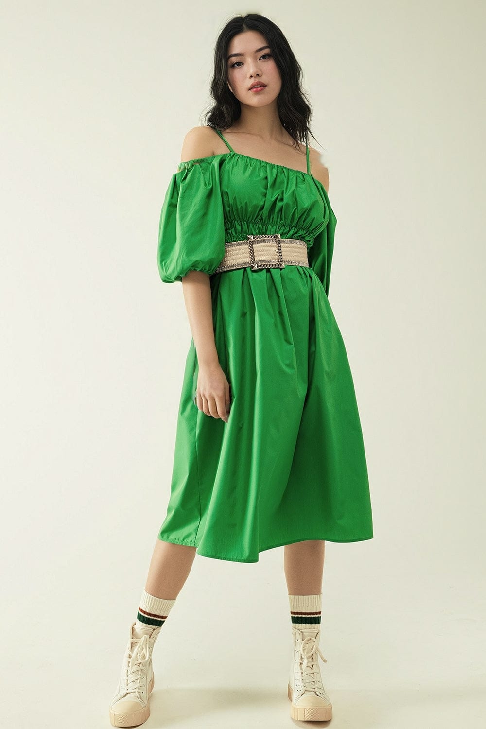 Q2 Women's Dress Midi Green Dress With Short Sleeves And Straps