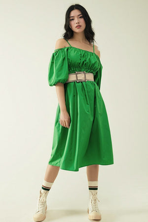 Q2 Women's Dress Midi Green Dress With Short Sleeves And Straps