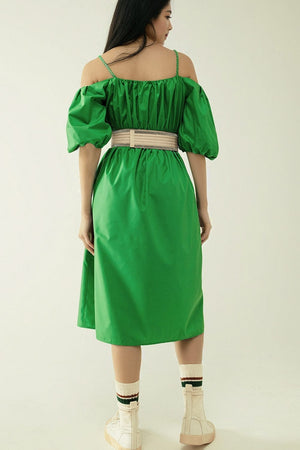 Q2 Women's Dress Midi Green Dress With Short Sleeves And Straps