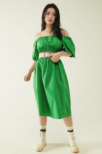 Q2 Women's Dress Midi Green Dress With Short Sleeves And Straps