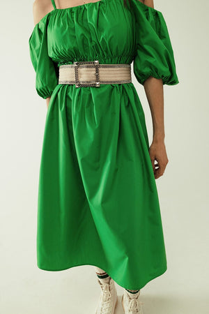 Q2 Women's Dress Midi Green Dress With Short Sleeves And Straps