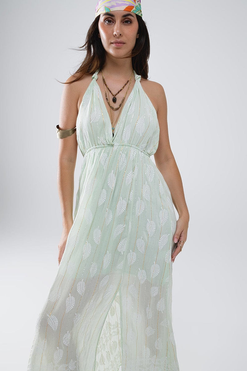 Q2 Women's Dress Midi Halter Dress In Mint Leaf Print With Lurex Details