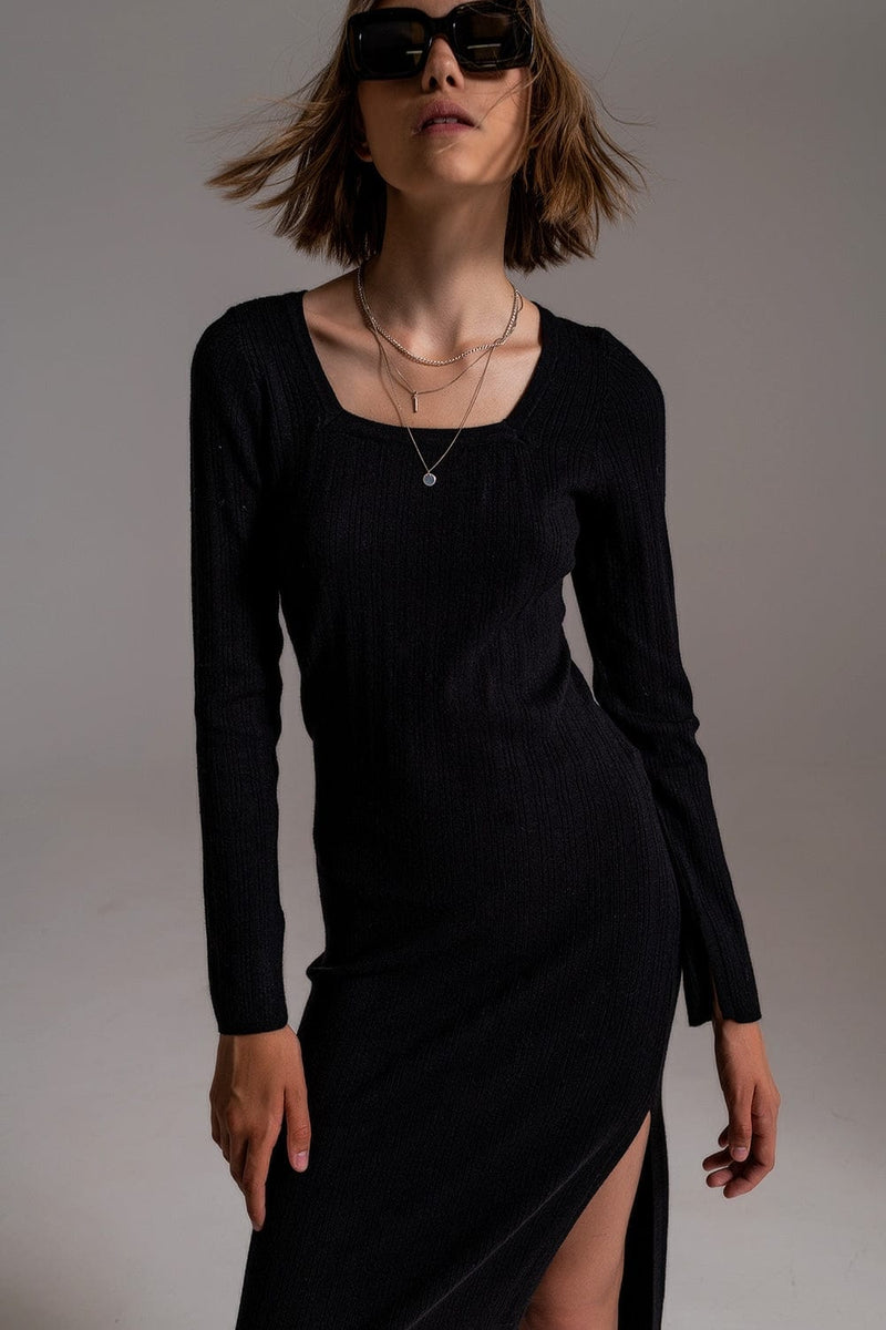 Q2 Women's Dress Midi Knit Dress With Square Neckline In Black