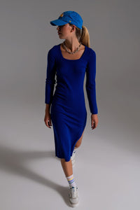 Q2 Women's Dress Midi Knit Dress With Square Neckline In Blue