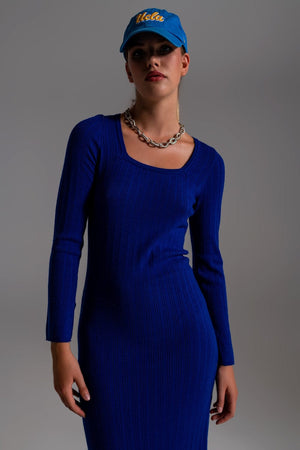 Q2 Women's Dress Midi Knit Dress With Square Neckline In Blue