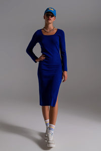 Q2 Women's Dress Midi Knit Dress With Square Neckline In Blue