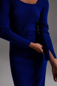 Q2 Women's Dress Midi Knit Dress With Square Neckline In Blue