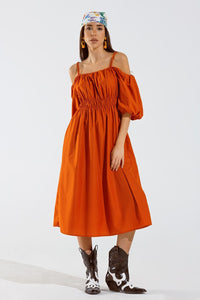 Q2 Women's Dress Midi Orange Dress With Short Sleeves And Straps