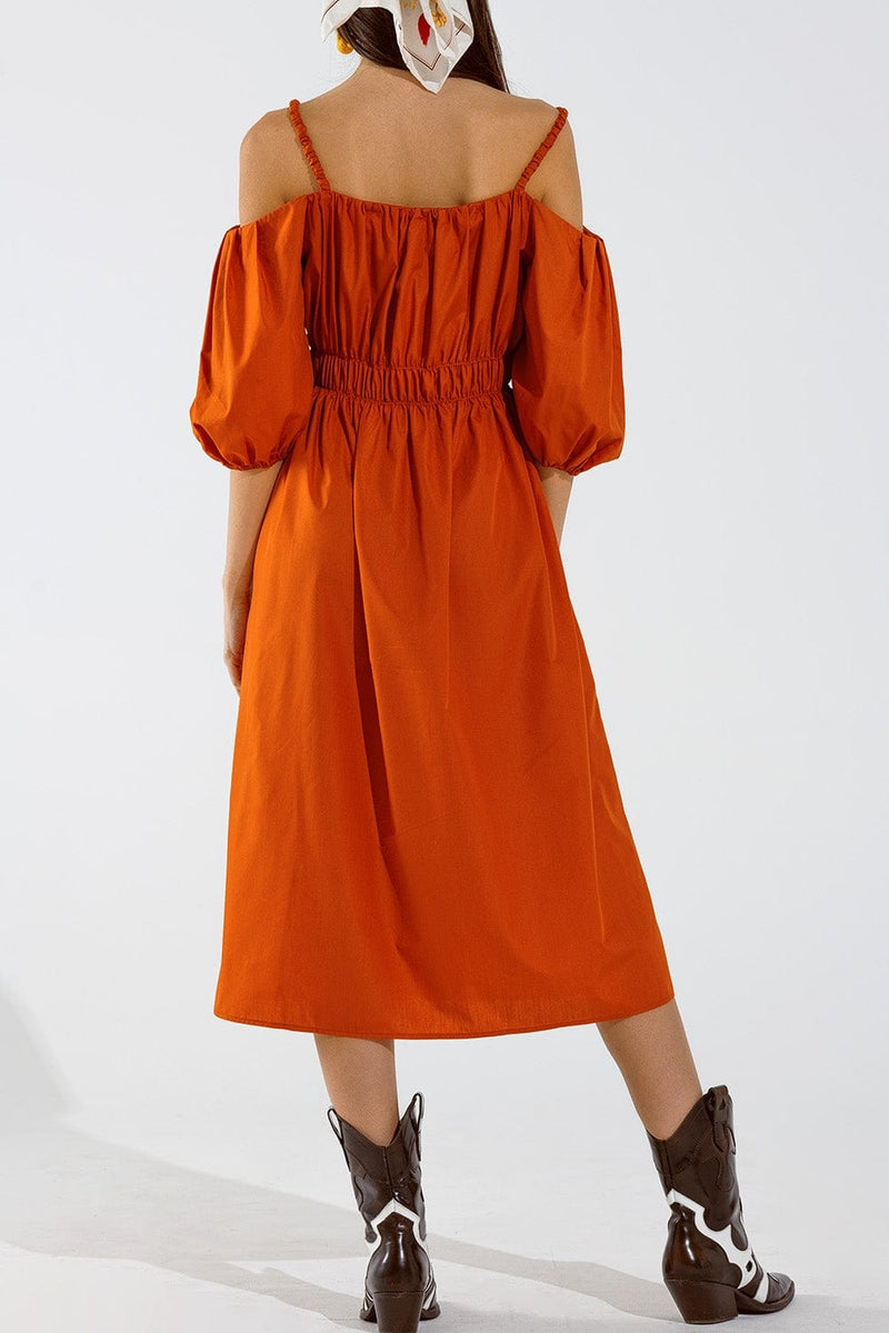 Q2 Women's Dress Midi Orange Dress With Short Sleeves And Straps