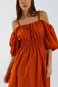 Q2 Women's Dress Midi Orange Dress With Short Sleeves And Straps