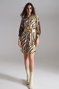 Q2 Women's Dress Midi Short Dress With Zebra Print In White And Olive Green