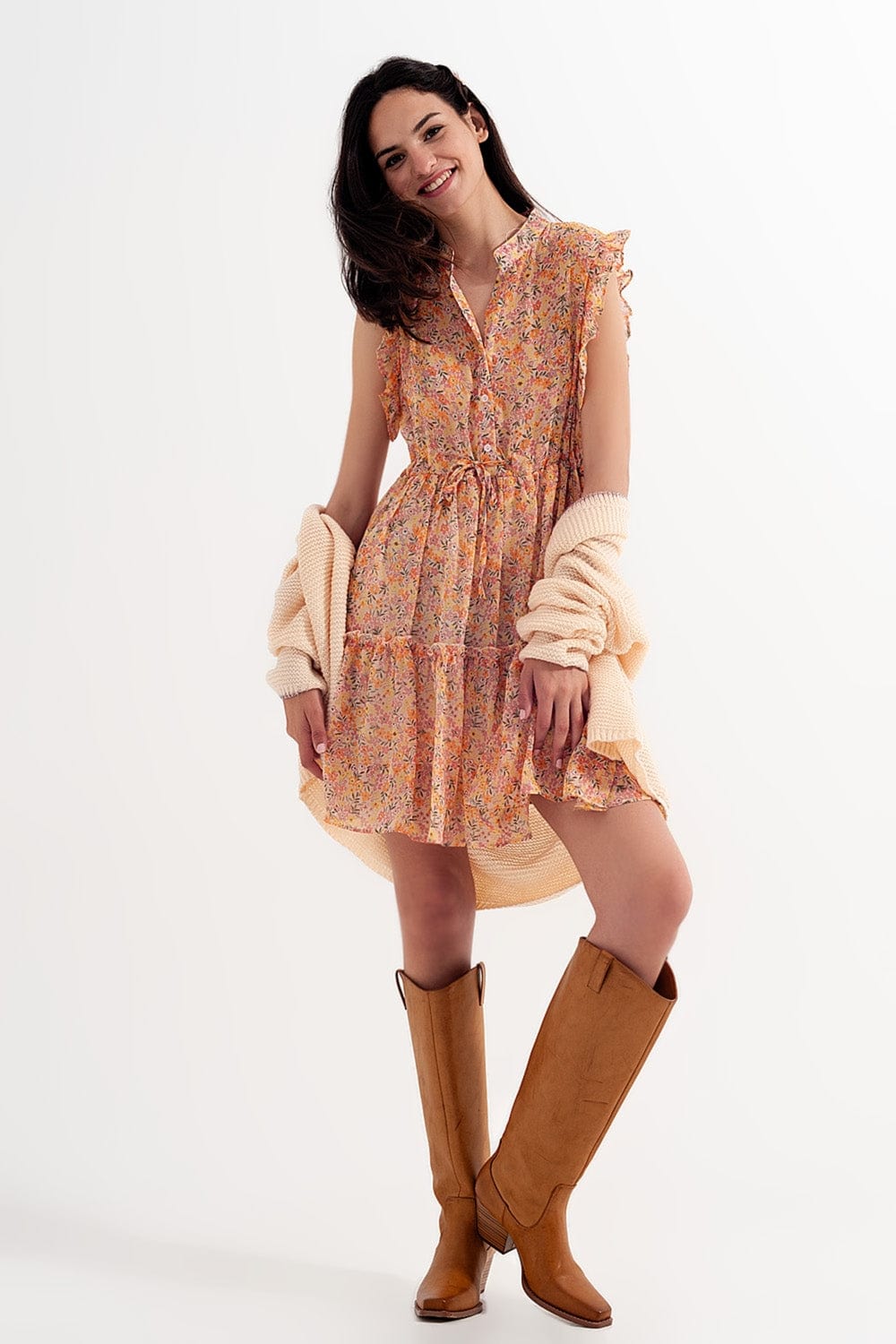 Q2 Women's Dress Mini Dress with Ruffle Trims in Vintage Floral in Coral