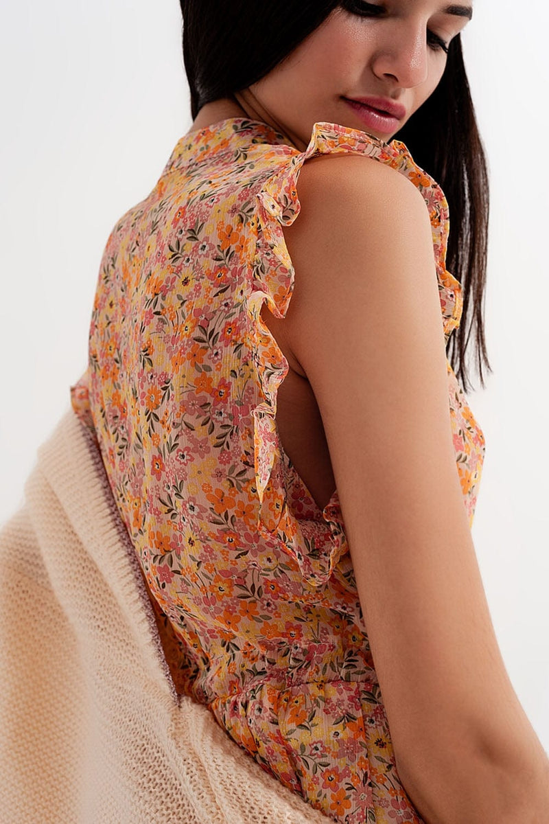 Q2 Women's Dress Mini Dress with Ruffle Trims in Vintage Floral in Coral
