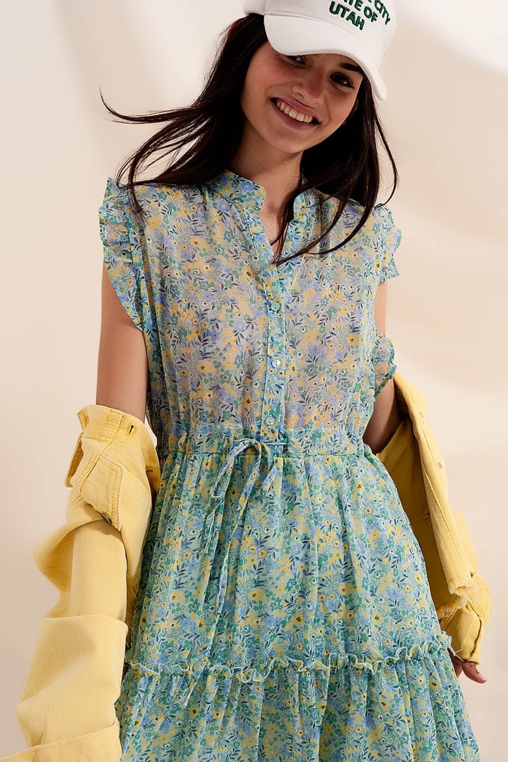 Q2 Women's Dress Mini Dress with Ruffle Trims in Vintage Floral in Green