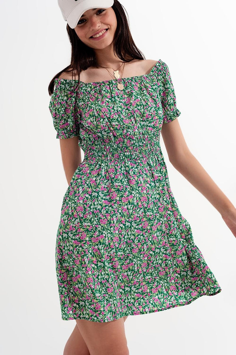 Q2 Women's Dress Mini Dress with Shirred Detail in Green Ditsy Floral Print