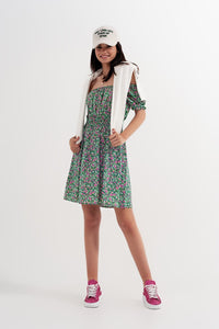 Q2 Women's Dress Mini Dress with Shirred Detail in Green Ditsy Floral Print