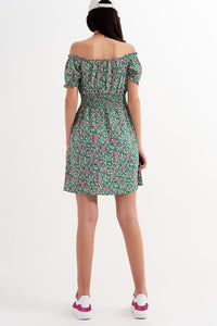 Q2 Women's Dress Mini Dress with Shirred Detail in Green Ditsy Floral Print