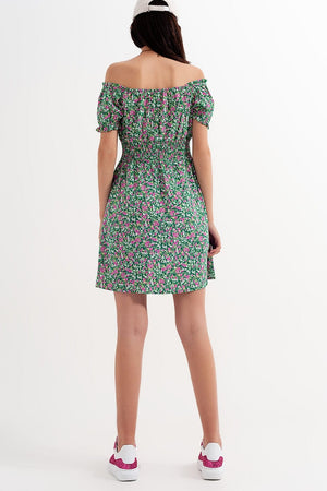 Q2 Women's Dress Mini Dress with Shirred Detail in Green Ditsy Floral Print