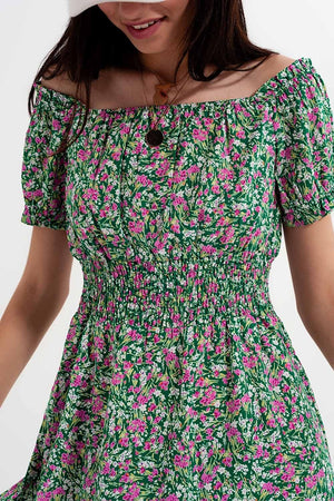 Q2 Women's Dress Mini Dress with Shirred Detail in Green Ditsy Floral Print