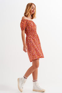 Q2 Women's Dress Mini Dress with Shirred Detail in Red Ditsy Floral Print