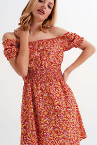 Q2 Women's Dress Mini Dress with Shirred Detail in Red Ditsy Floral Print