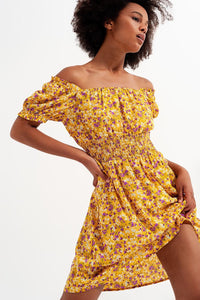 Q2 Women's Dress Mini Dress with Shirred Detail in Yellow Ditsy Floral Print