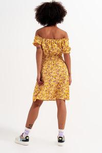 Q2 Women's Dress Mini Dress with Shirred Detail in Yellow Ditsy Floral Print