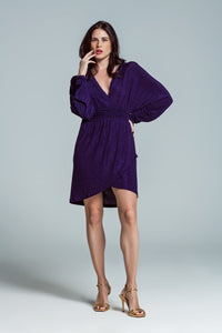 Q2 Women's Dress Mini Length Glitter Dress With Deep V Neck In Purple