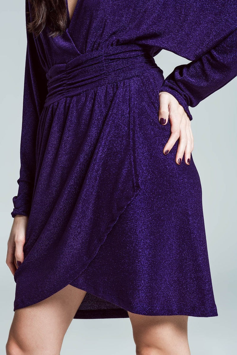 Q2 Women's Dress Mini Length Glitter Dress With Deep V Neck In Purple
