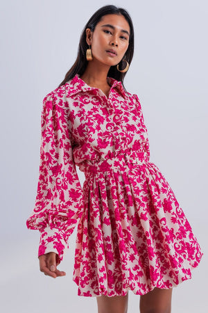 Q2 Women's Dress Mini Smock Dress in Fuchsia Vintage Floral