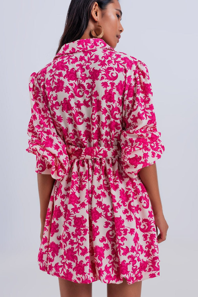 Q2 Women's Dress Mini Smock Dress in Fuchsia Vintage Floral