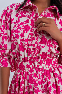Q2 Women's Dress Mini Smock Dress in Fuchsia Vintage Floral