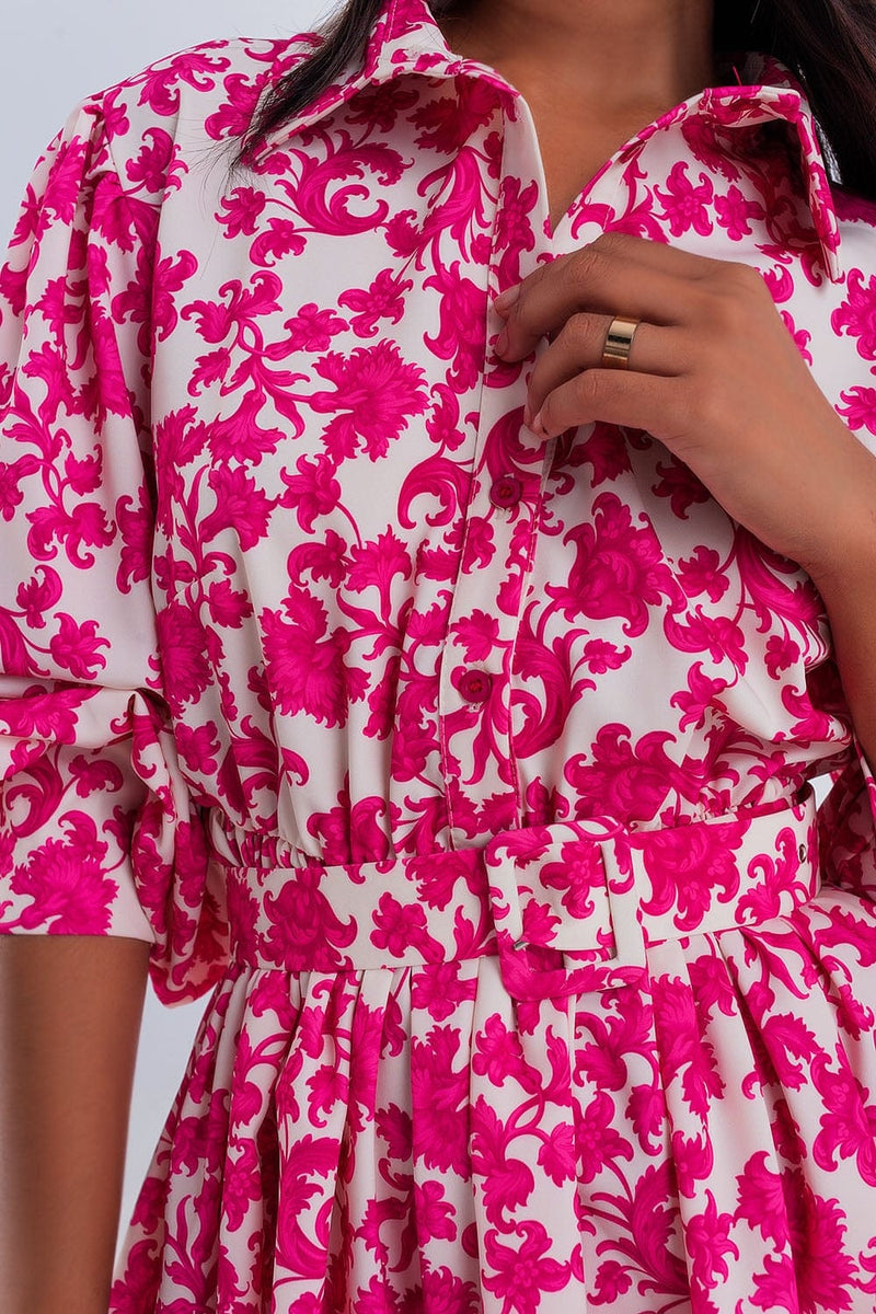 Q2 Women's Dress Mini Smock Dress in Fuchsia Vintage Floral