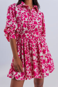 Q2 Women's Dress Mini Smock Dress in Fuchsia Vintage Floral