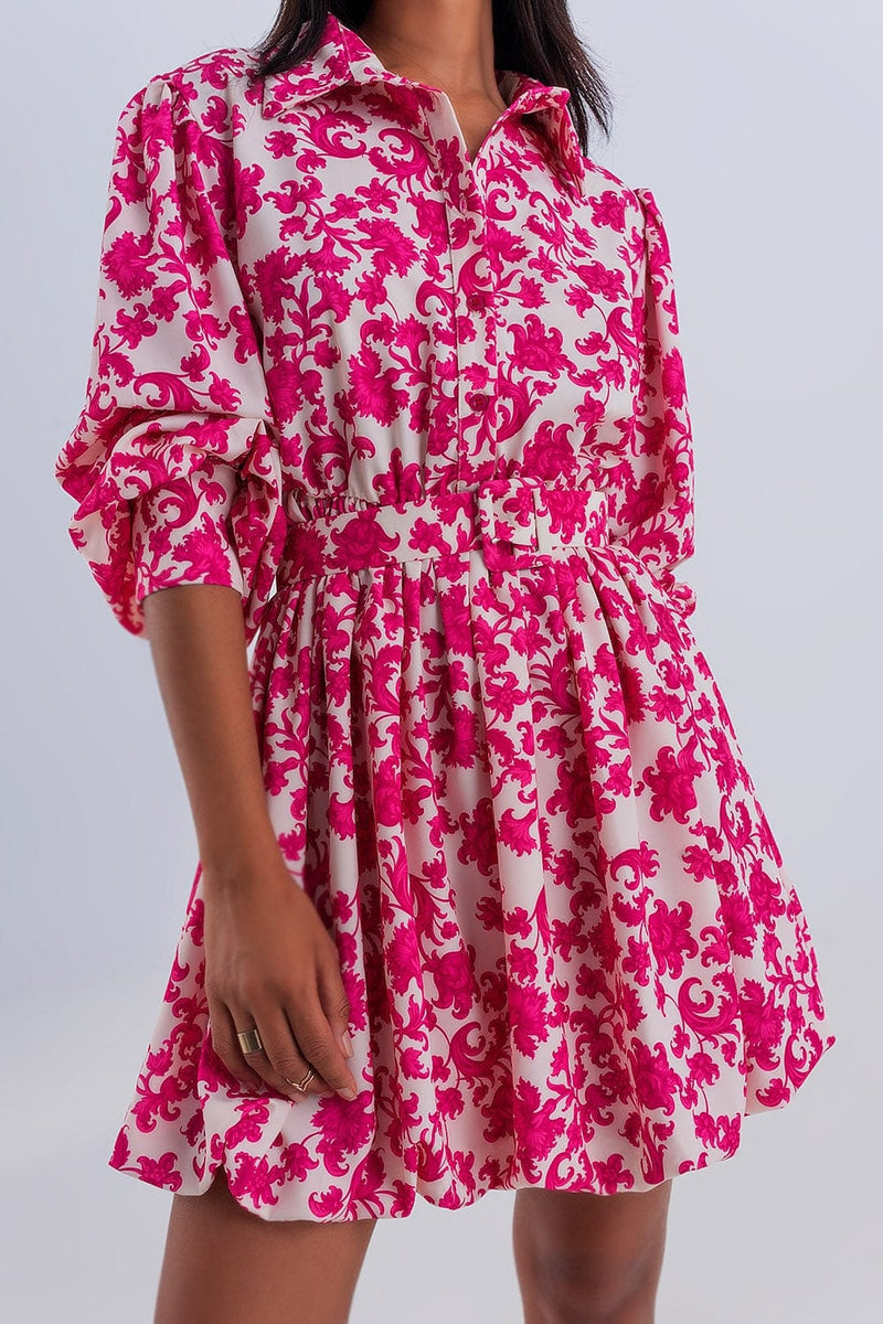 Q2 Women's Dress Mini Smock Dress in Fuchsia Vintage Floral