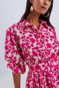 Q2 Women's Dress Mini Smock Dress in Fuchsia Vintage Floral